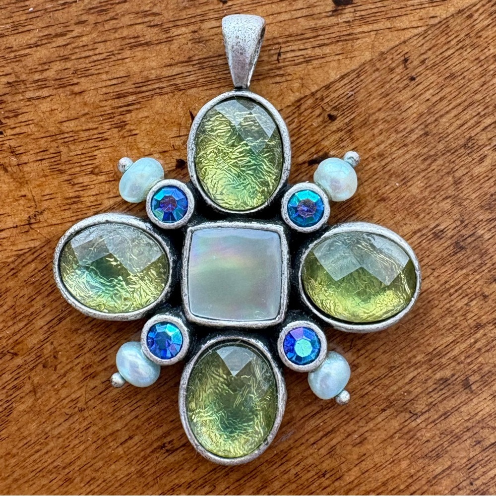 Silver toned rhinestone AB crystal pendant pearls blue green